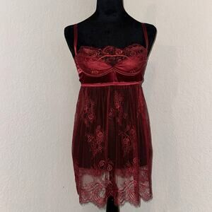 Coquette Babydoll Lingerie Women's Small Red Sheer Lace Detail Straps Underwire